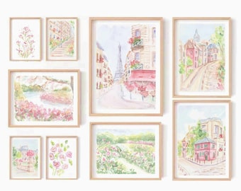 Pastel Pink Paris Watercolor Print Set: Eiffel Tower, France (Digital Download)
