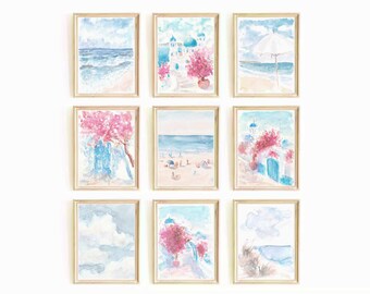 Santorini Watercolor Print Set: Greek Island Seascape Wall Art (Digital Download)