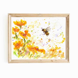Bee Watercolor Print Bee Painting Bumblebee Print Instant Download Orange Flowers Bee Printable Wall Art Honey Bee Decor Digital Print