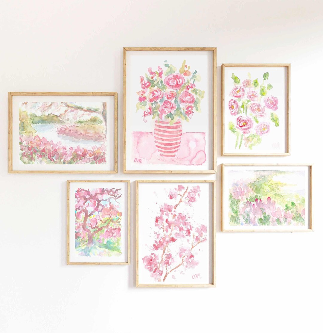 Pastel Pink Floral Watercolor Print Set: Girly Flower Garden Wall Art ...