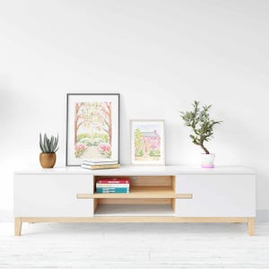 May include: White TV stand with two shelves and two drawers. The stand has a light wood base and is decorated with two framed watercolor paintings and a potted plant.