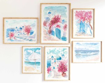 Colorful Set Of 6 Santorini Greece Coastal Watercolor Print Mediterranean Summer Landscape Printable Wall Art Greek Island Instant Download