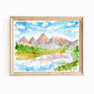 Bunte Grand Teton Mountains Aquarell Digitaldruck Nationalpark Druck Berglandschaft druckbare Wand Kunst See Sofort Download
