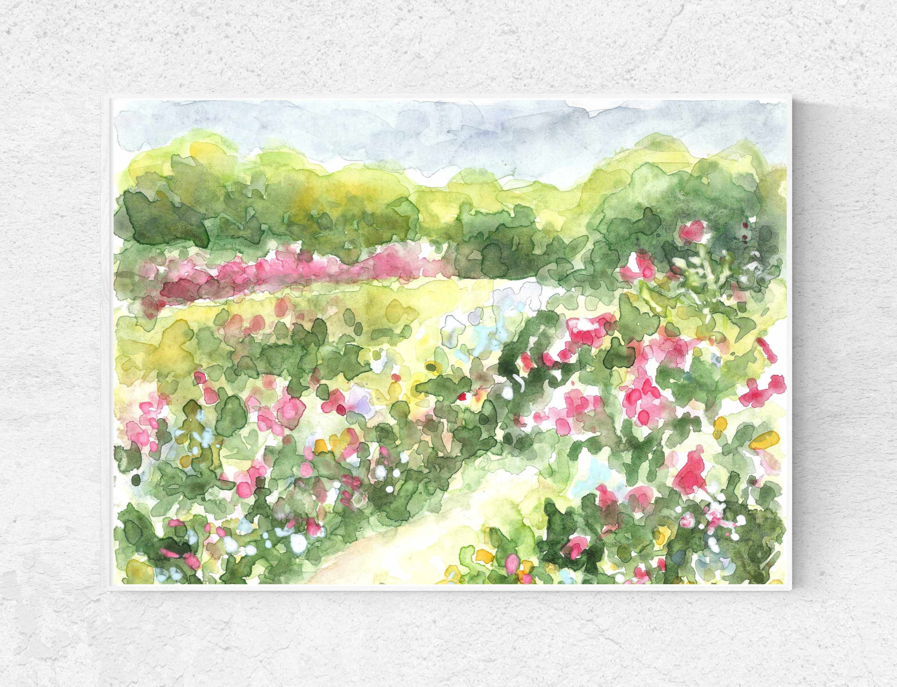 バラ園の水彩画プリント：印象派風風景画（デジタルダウンロード