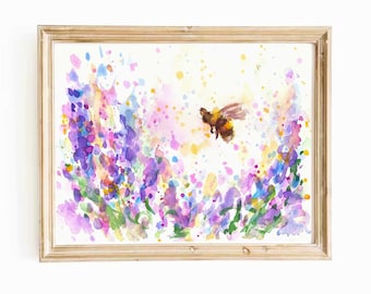 Honey Bee Lavender Flower Watercolor Print: Purple Floral Wall Art (Digital Download)