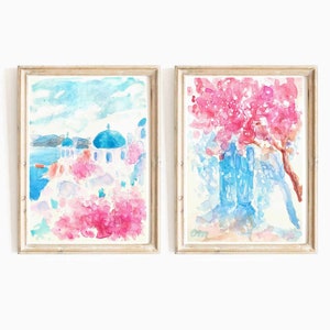 Colorful Set Of 2 Santorini Coast Preppy Watercolor Prints 2 Piece Greek Island Travel Printable Wall Art Greece Europe Instant Download