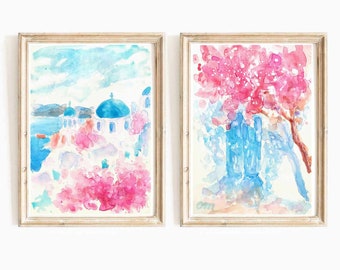 Santorini Watercolor Print Set: Greek Island Coastal Art (Digital Download)