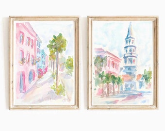 Set Of 2 Charleston South Carolina Print Pastel Pink Watercolor Print Rainbow Row Printable Wall Art Church Street Print Instant Download