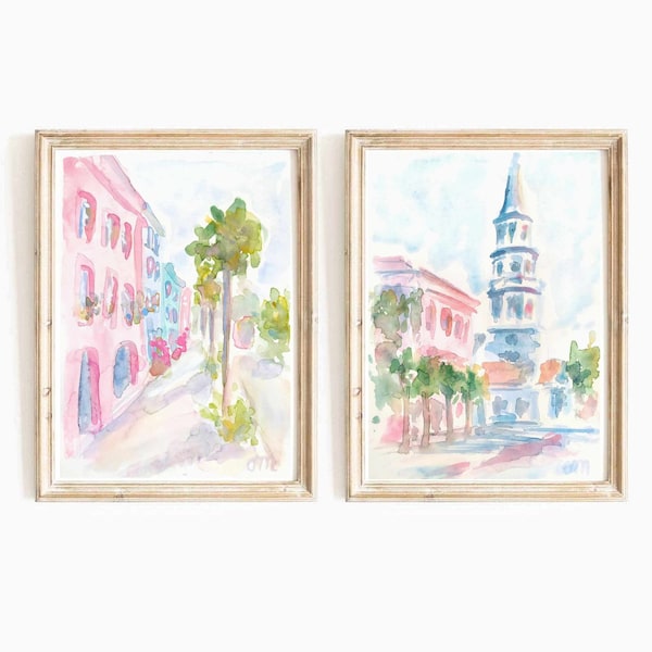 Set Of 2 Charleston South Carolina Print Pastel Pink Watercolor Print Rainbow Row Printable Wall Art Church Street Print Instant Download