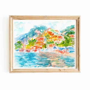 Colorful Amalfi Coast Italy Watercolor Printable Wall Art Mediterranean Seascape Positano Digital Print Italian Coast Instant Download