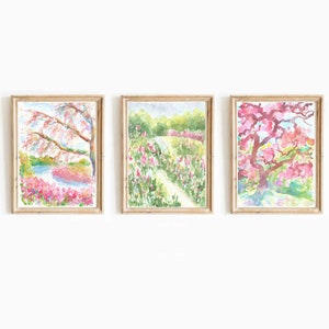 Colorful Set Of 3 Flower Garden Watercolor Digital Print Pink Green Trees Print Nature Printable Wall Art Flower Landscape Instant Download
