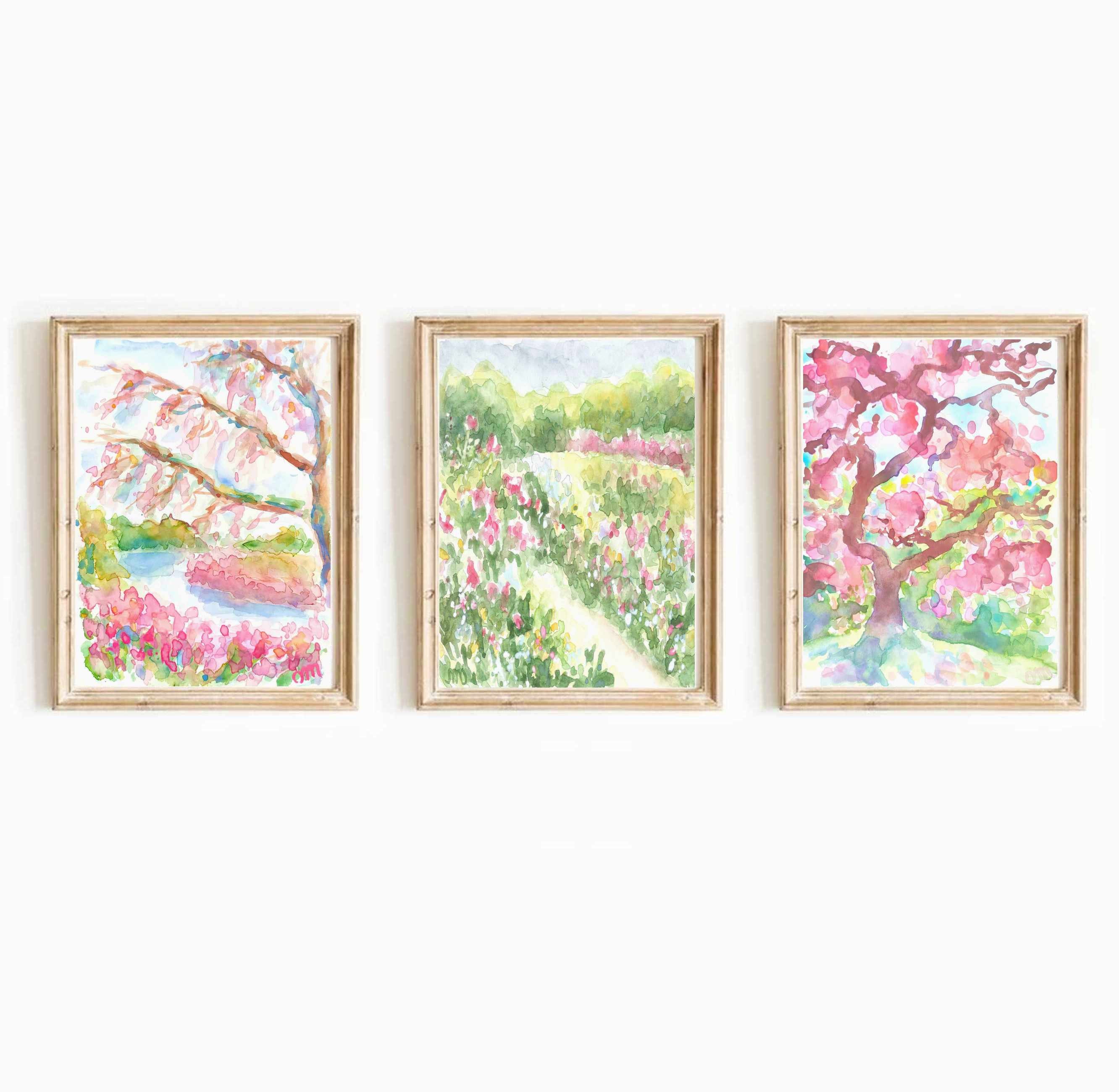 Watercolor Flower Garden Print Set: Pink & Green Landscape (Digital Download)