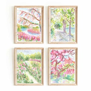 Colorful Set Of 4 Summer Garden Flower Watercolor Digital Print Pink Green Trees Printable Wall Art Nature Landscape Instant Download