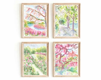Colorful Set Of 4 Summer Garden Flower Watercolor Digital Print Pink Green Trees Printable Wall Art Nature Landscape Instant Download