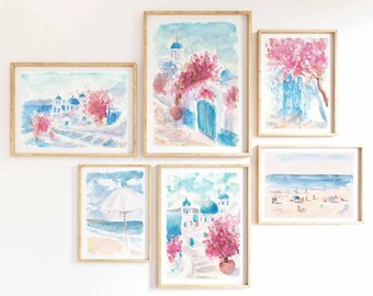 Santorini Watercolor Print Set: Greek Island Coastal Art (Digital Download