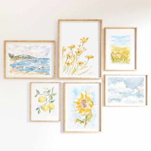 Set Of 6 Eclectic Pastel Blue Yellow Flower Preppy Watercolor Prints Sunflower Summer Printable Wall Art Girly Floral Instant Download