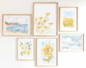 Set Of 6 Eclectic Pastel Blue Yellow Flower Watercolor Prints 6 Piece Floral Print Set Sunflower Printable Wall Art Floral Instant Download