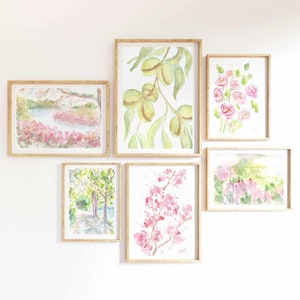 Colorful Nature Preppy Floral Set Of 6 Watercolor Prints Pastel Pink Green Gallery Wall Set Printable Wall Art Pink Flower Instant Download
