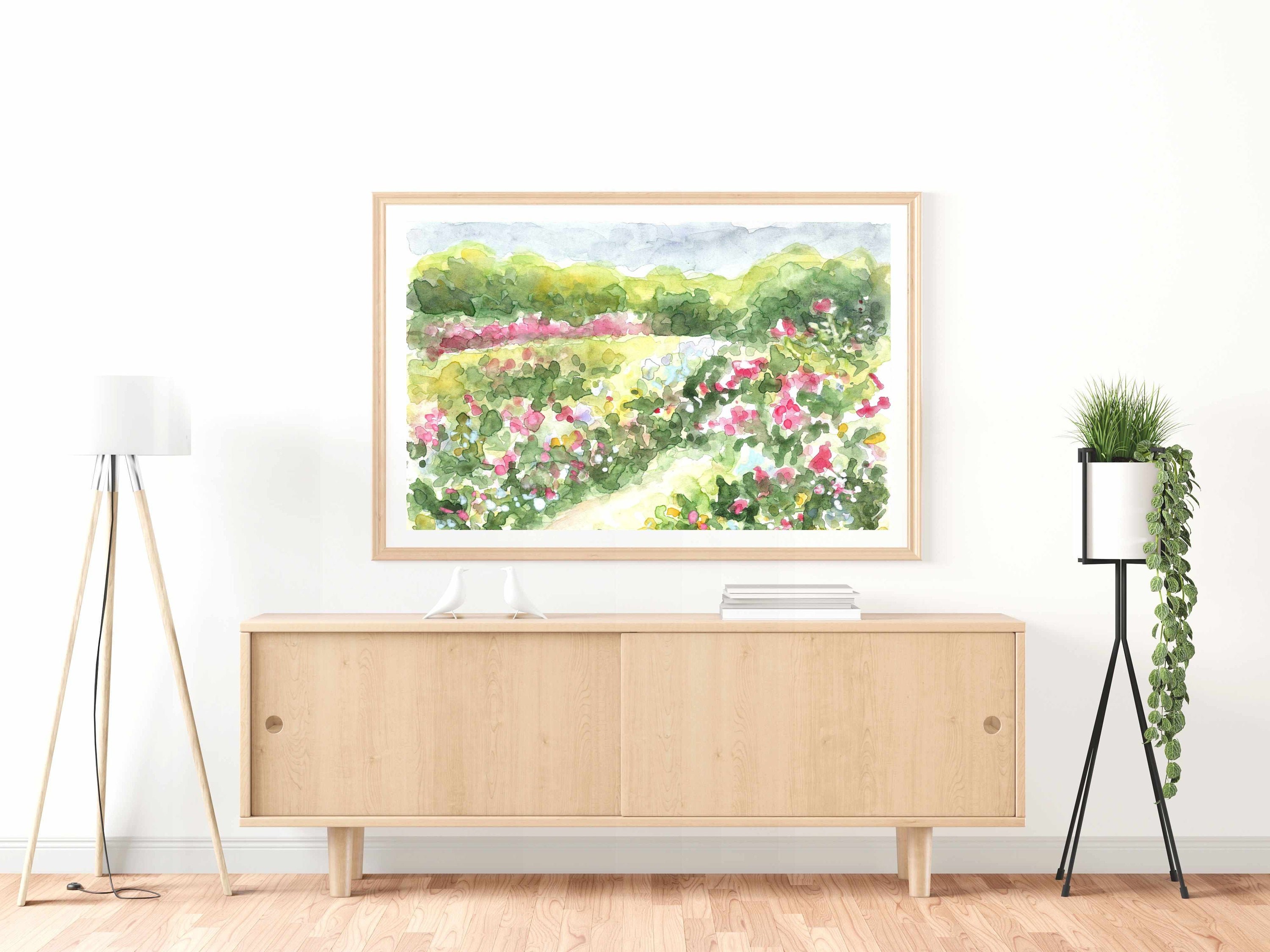 バラ園の水彩画プリント：印象派風景画（デジタルダウンロード