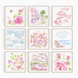 Pastell Rosa Floral Aquarell Bilder Set: Eklektische Galerie Wandkunst (Digitaler Download)