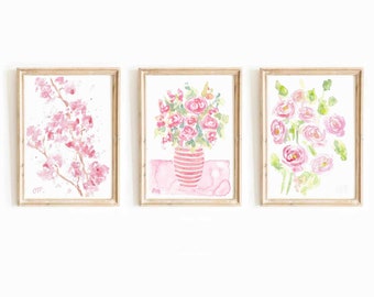 Set di stampe floreali ad acquerello rosa: decorazioni murali botaniche (download digitale)