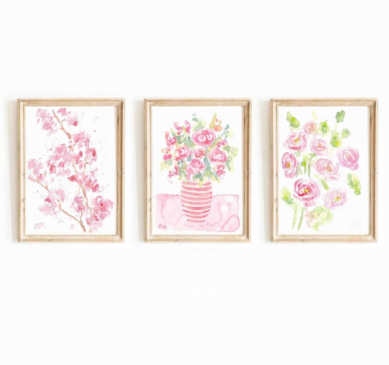 Pink Floral Watercolor Print Set: Botanical Wall Art (digital Download ...