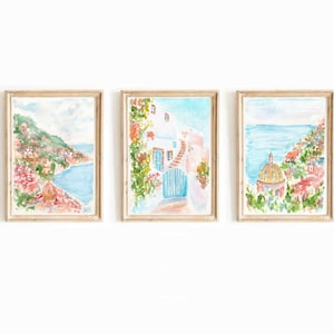 Set Of 3 Amalfi Pastel Watercolor Digital Prints Italy Europe Printable Art Italian Coast Mediterranean Seascape Painting Instant Download