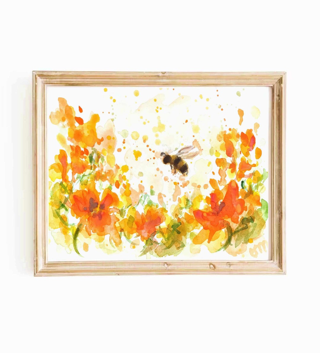 カラフルなミツバチの水彩画プリント：オレンジ色の花、バンブル
