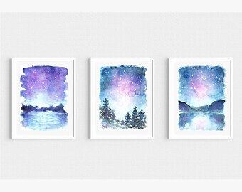 額入り水彩画 星空のシーソー 1138 ギャラクシー水彩画プリントセット：星空の風景を描いた天体ウォール