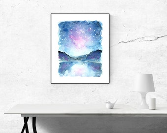 インディゴギャラクシー水彩画プリント：抽象的な星空風景のウォール
