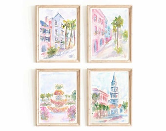 Set Of 4 Charleston South Carolina Preppy Watercolor Print Rainbow Row Printable Wall Art Pineapple Fountain Church Street Instant Download