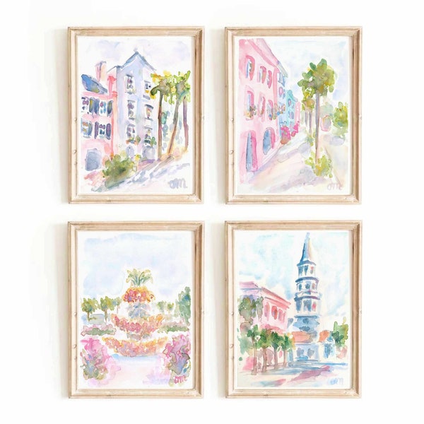 Set Of 4 Charleston South Carolina Watercolor Prints Rainbow Row Street Printable Wall Art Pineapple Fountain Church Street Instant Download