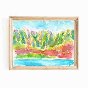 Colorful Kauai Coast Watercolor Print Hawaii Island Painting Napali Coast Printable Wall Art Tropical Summer Coastal Art Instant Download