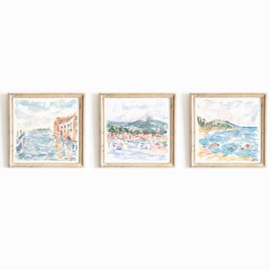 Set Of 3 Italy Landscape Watercolor Prints Chinque Terre Printable Wall Art Mediterranean Coast Print Set Italian Seascape Instant Download