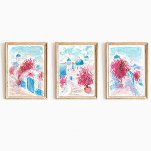 Set Of 3 Santorini Greece Watercolor Digital Prints 3 Piece Mediterranean Landscape Printable Wall Art Greek Island Print Instant Download