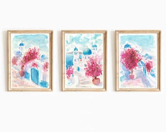 Santorini Greece Watercolor Print Set: Mediterranean Wall Art (Digital Download)
