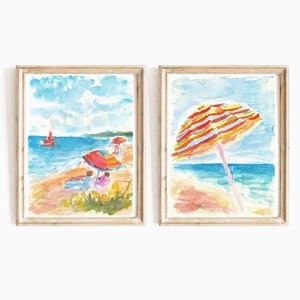 Set Of 2 Summer Beach Watercolor Prints 2 Piece Colorful Beach Umbrealla Printable Wall Art California Coast Landscape Instant Download