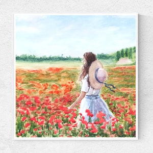 Tuscany Country Landscape Watercolor Print Girl In Poppy Field Print Red Flower Printable Wall Art Italy Impressionist Instant Download
