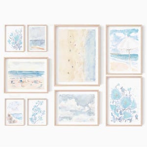 Pastel Blue Beach Watercolor Print Set: Coastal Preppy Wall Art (Digital Download)