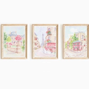 Pastel Pink Paris Watercolor Digital Print Set of 3 Eiffel Tower Instant Download Parisian Cafe Print Set France Travel Printable Wall Art