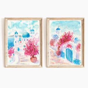 Conjunto de 2 impresiones en acuarela de Santorini, conjunto de 2 impresiones de paisajes de Santorini, Grecia, arte de pared imprimible, pintura de isla griega, descarga instantánea