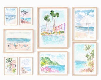 Coastal Watercolor Print Set: Beach Palm Springs Wall Art (Digital Download)