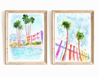 Ensemble coloré de 2 Palm Springs, impression numérique aquarelle, 2 pièces d'art mural imprimable California Resort, piscine de l'hôtel Saguaro, téléchargement immédiat