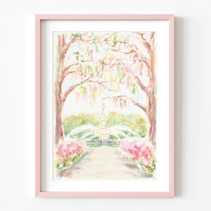 Pastell rosa grün Savannah Georgia Preppy Aquarell Druck Forsyth Park Instant Download Savannah GA historischen Viertel Reise druckbare Kunst