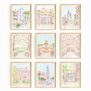Pastel Pink Set of 9 New Orleans Louisiana Preppy Watercolor Print Charleston SC Instant Download Savannah GA Girly Travel Printable Art
