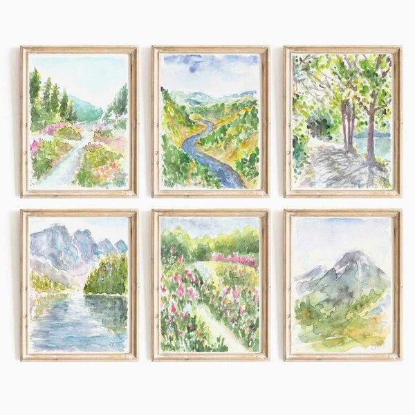 Set Of 6 Mountain Nature Landscape Watercolor Print 6 Piece Colorado Mountain Printable Wall Art Banff Print National Park Instant Download