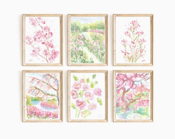 Colorful Set Of 6 Summer Garden Flowers Watercolor Digital Print Nature Landscape Printable Wall Art Pink Floral Print Instant Download
