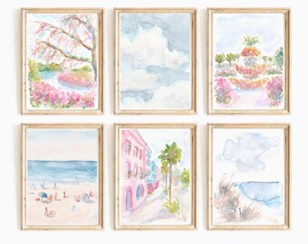 Charleston Watercolor Print Set: Pastel Pink & Blue, Rainbow Row, Beach Wall Art (Digital Download)
