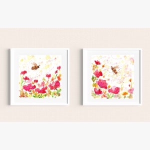 Honey Bee Watercolor Print Set: Pink Wildflower Art (Digital Download)