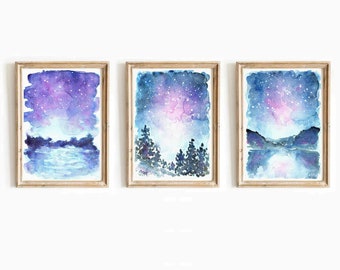 ギャラクシー水彩画プリントセット：星空の風景を描いた天体ウォール